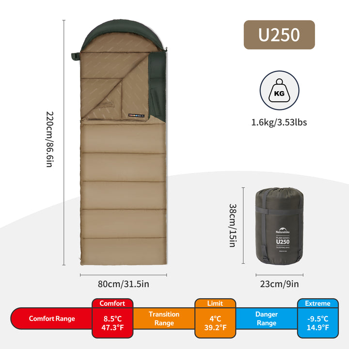 Solora™ U250 Hooded Synthetic Sleeping Bag 47°F / 8°C - Naturehike