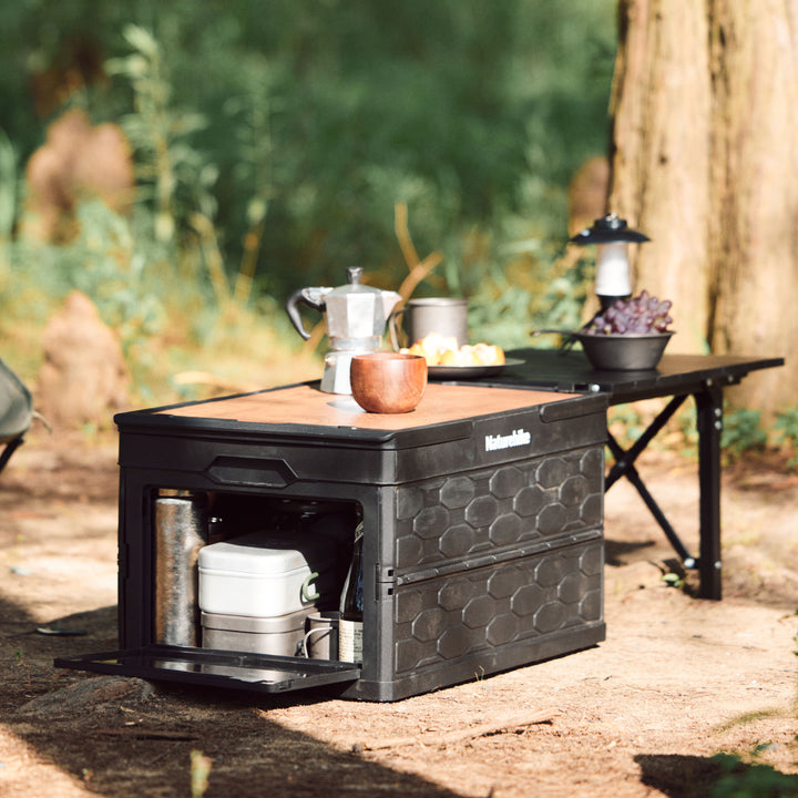 Lispace Camping Table fully expanded with roll-up tabletop and storage bin

