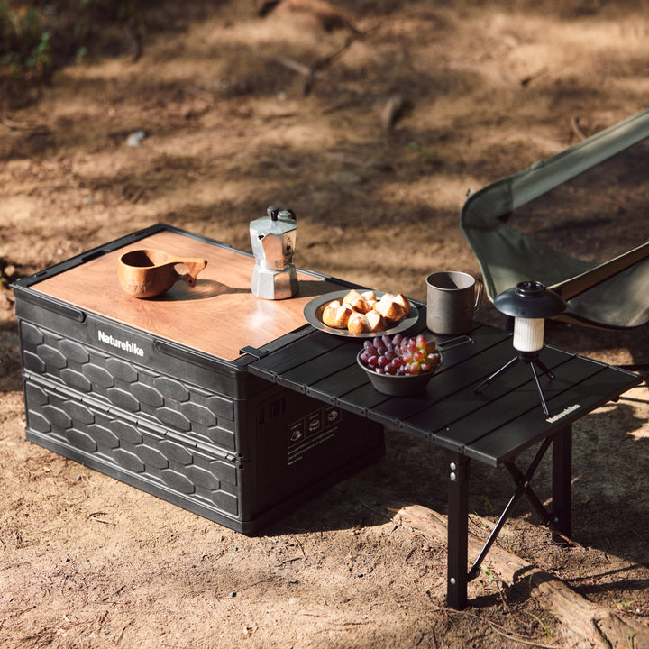 Lispace Camping Table fully expanded with roll-up tabletop and storage bin