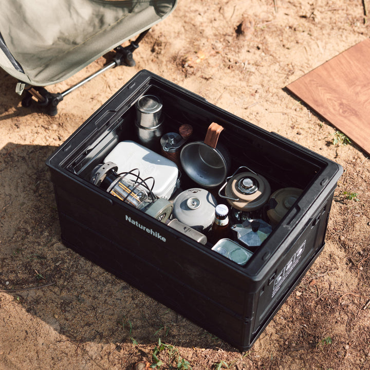 50L storage bin with camping gear inside for outdoor use
