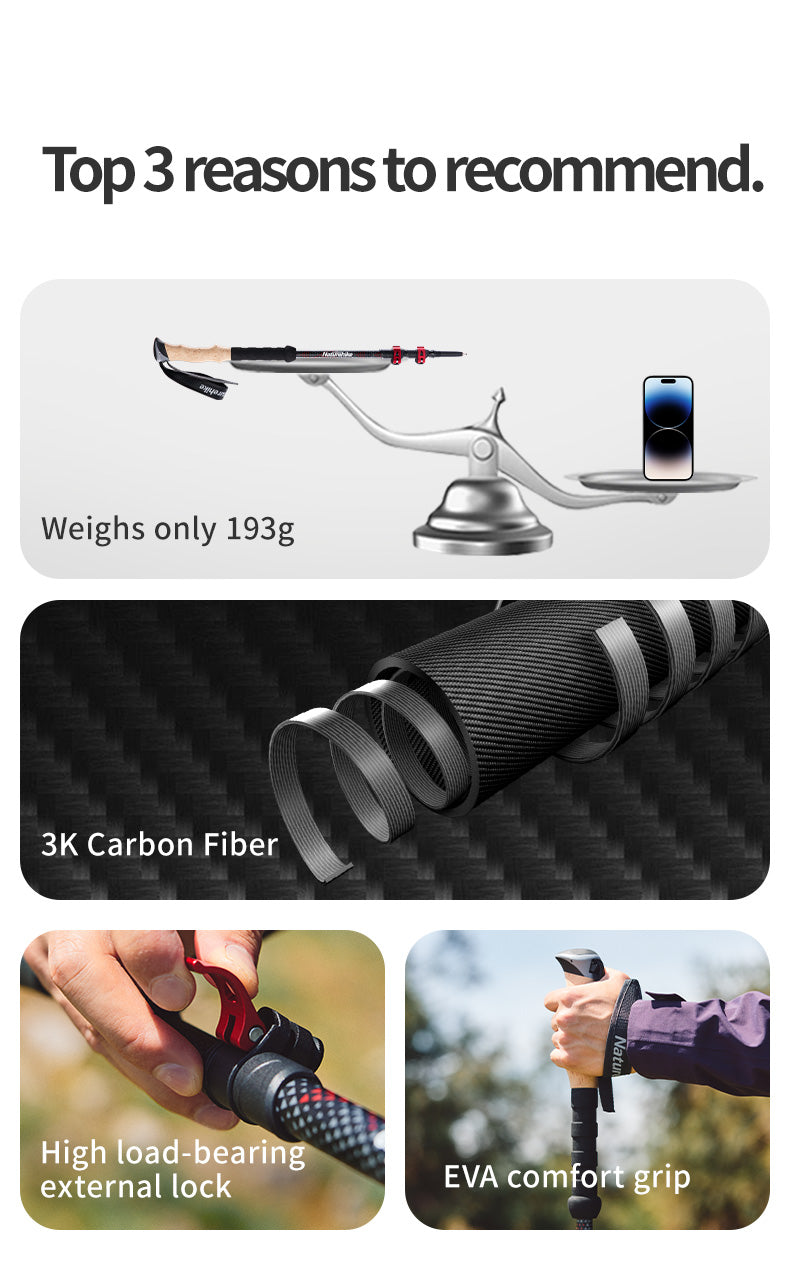Far Wind™ Three-section Telescopic Carbon Trekking Pole - Naturehike
