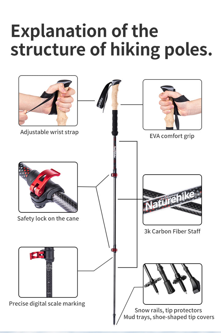 Far Wind™ Three-section Telescopic Carbon Trekking Pole - Naturehike