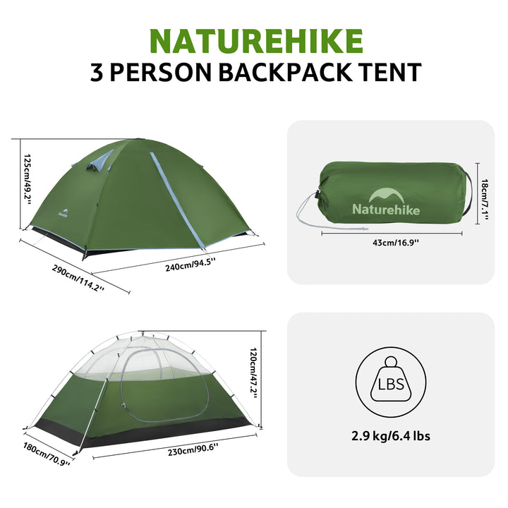 Bleik 3-Person Backpacking Tent in green displaying overall dimensions, total weight and compact packed size, highlighting its lightweight design and easy storage for backpacking, hiking and camping trips.