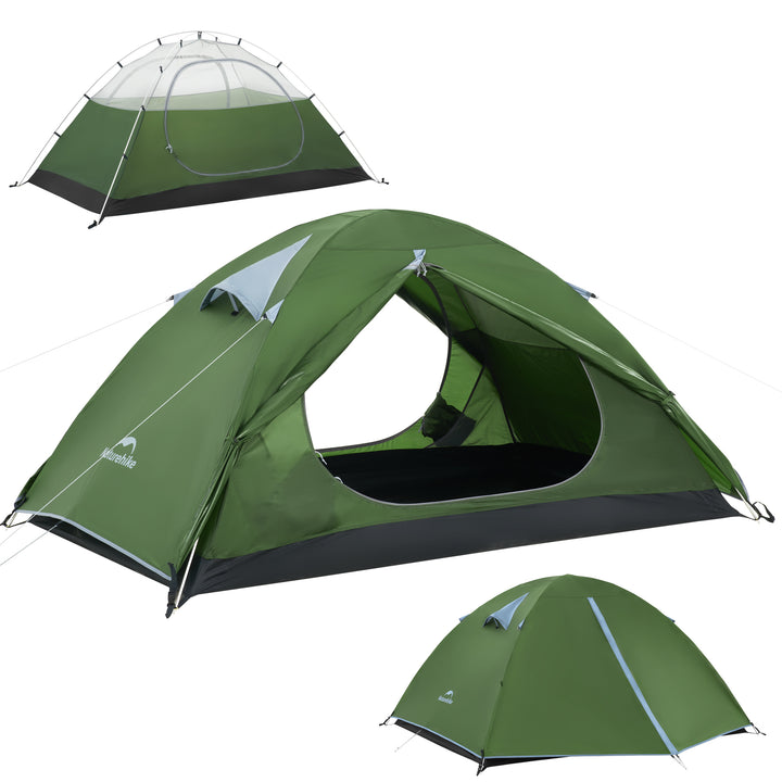 Bleik 3-Person Backpacking Tent in green shown in three setups on white background: fully set up with flysheet, inner tent only, and both doors opened, highlighting versatility for camping, hiking, and backpacking.