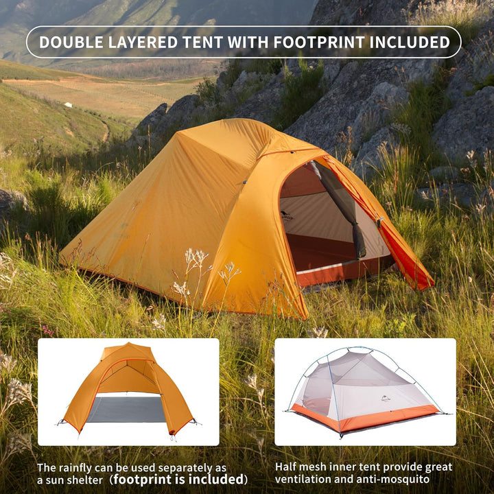 Naturehike Cloud Up Base 3 person double layer tent featuring a rainfly that can be used independently as a sun shelter, along with a half mesh inner tent design that enhances ventilation and provides effective mosquito protection for camping.