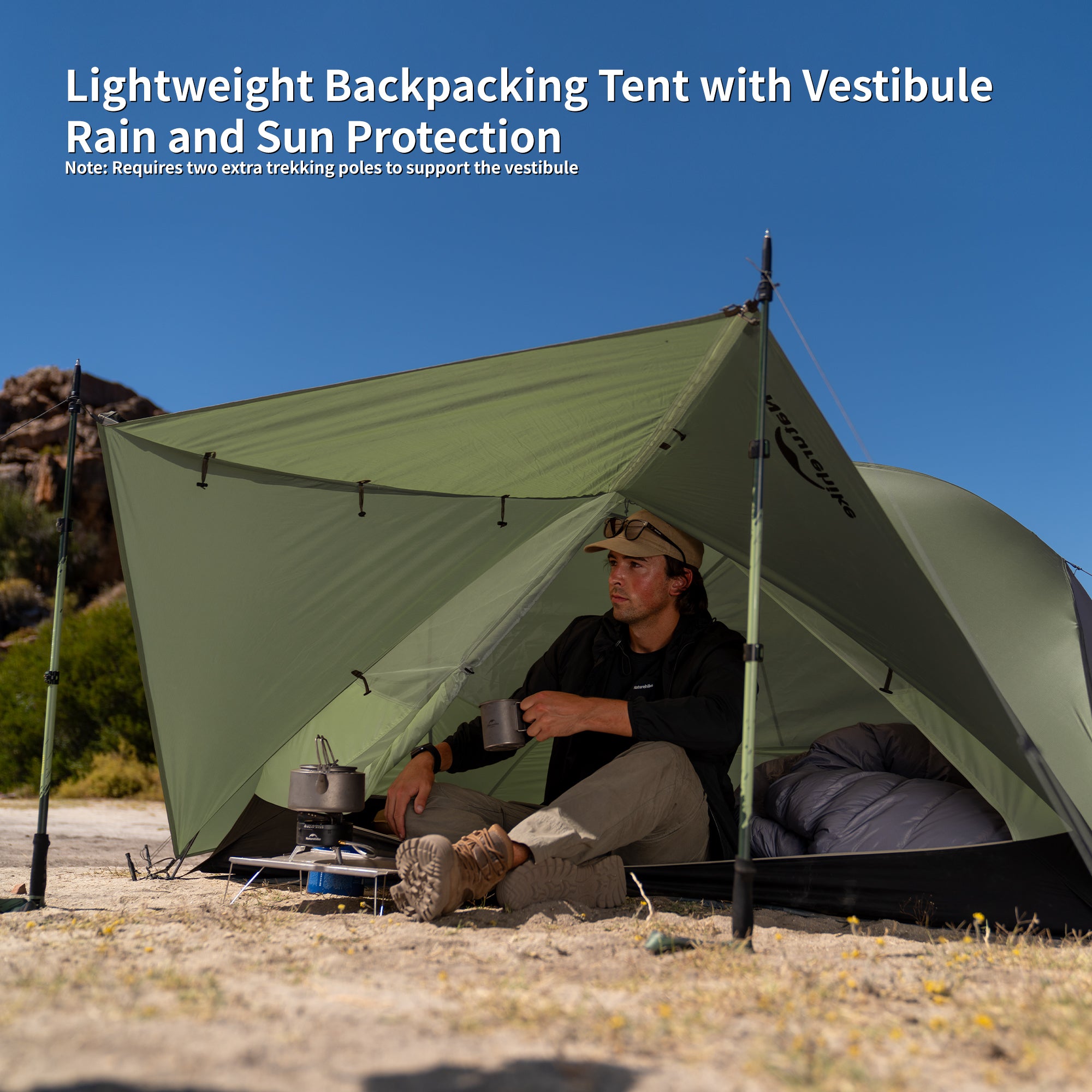 Naturehike Mongar Pro 1-Person lightweight backpacking tent with vestibule set up outdoors with a man sitting in front of the tent, providing rain and sun protection, ideal for ultralight hiking trekking and solo camping adventures