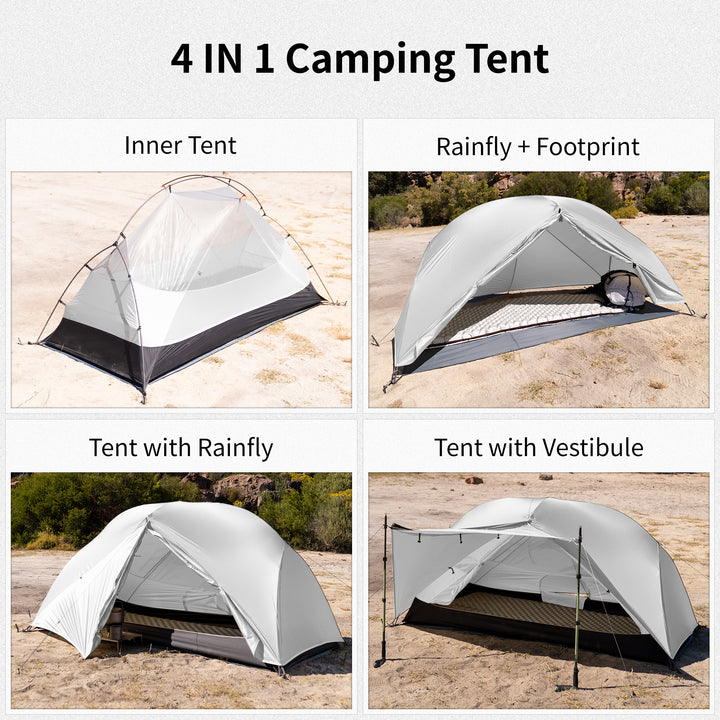 Naturehike Mongar Pro 1-Person ultralight backpacking tent in white showing four setup configurations on white background including freestanding full setup fast pitch fly only and double wall modes for versatile 3 season hiking camping and trekking use