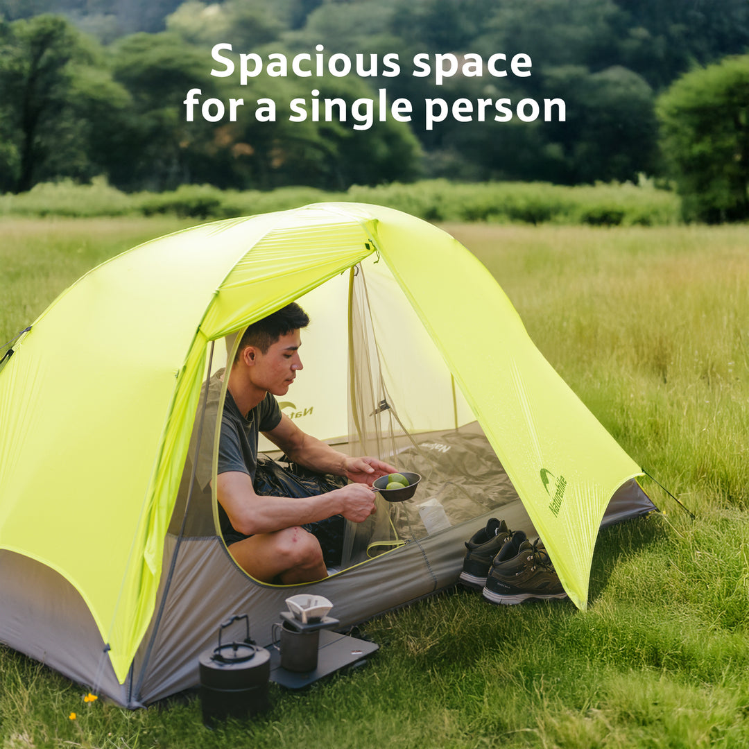 Naturehike Star Trail 1-Person Tent set up at a mountain campsite, showing ultralight backpacking shelter for solo hikers.