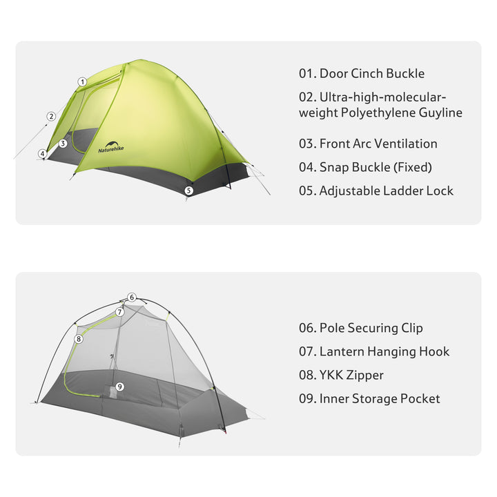 Naturehike Star Trail tent showing dimensions and weight, easy to carry and store for hiking or mountaineering.