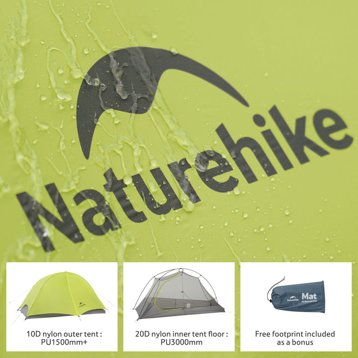 Close-up of Naturehike Star Trail tent fabric, 10D nylon fly with PU1500mm+ and 20D nylon floor with PU3000mm+ waterproof coating