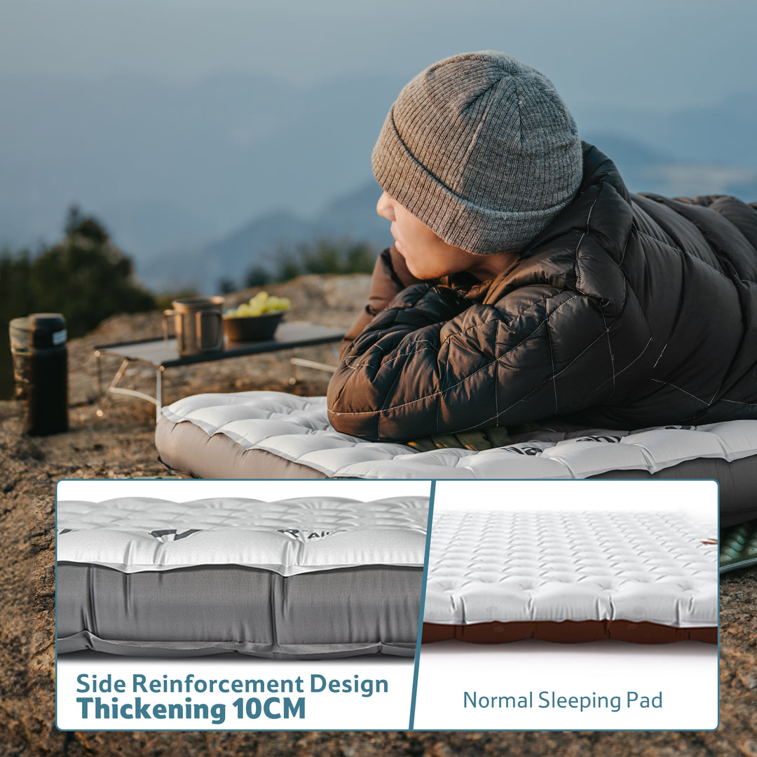 Naturehike TuYe R6.5 ultralight inflatable sleeping pad thickness comparison showing 10cm thick design with reinforced sidewalls, providing enhanced support and stability compared to standard sleeping pads for camping and backpacking.