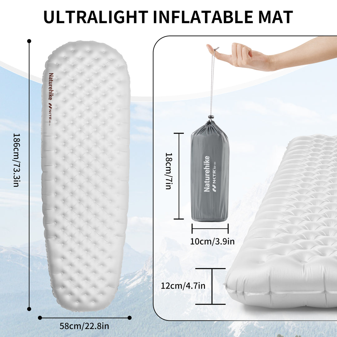 Naturehike TuYe ultralight inflatable sleeping pad mummy shape 186x58cm dimensions with thickness and packed size shown, ergonomic tapered design for reduced weight and compact packing, ideal for backpacking, hiking, and cold-weather camping.